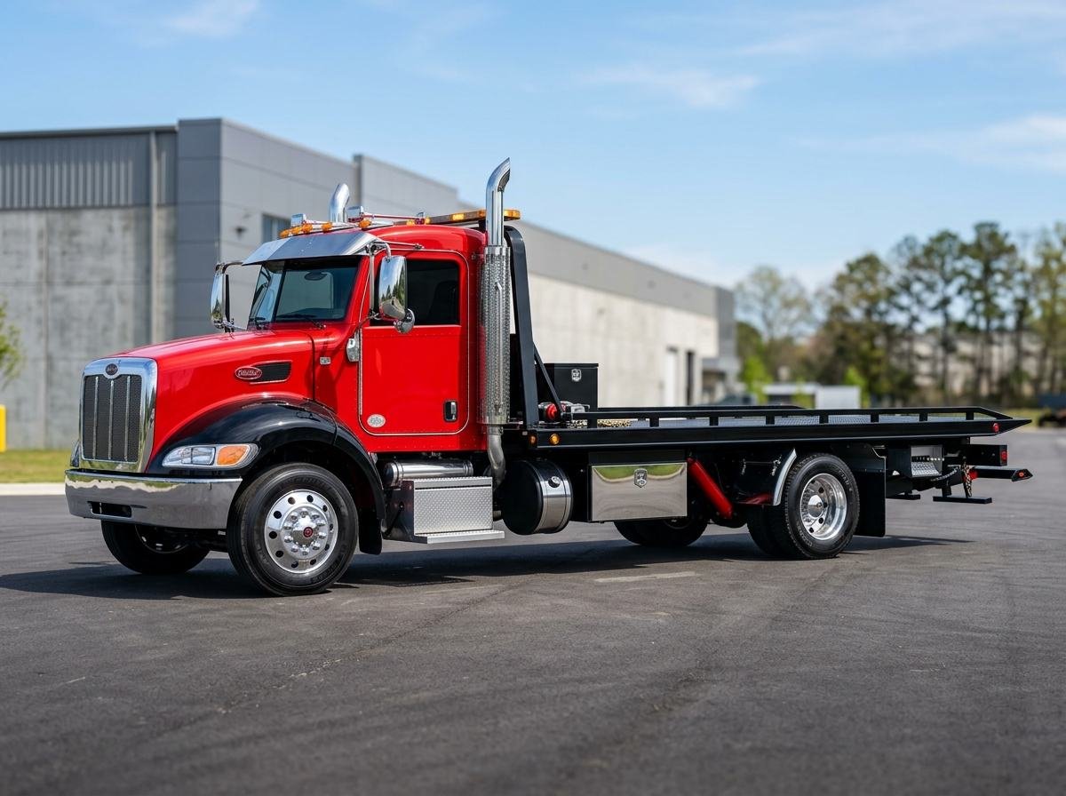 Flatbed tow truck prepared for vehicle transport