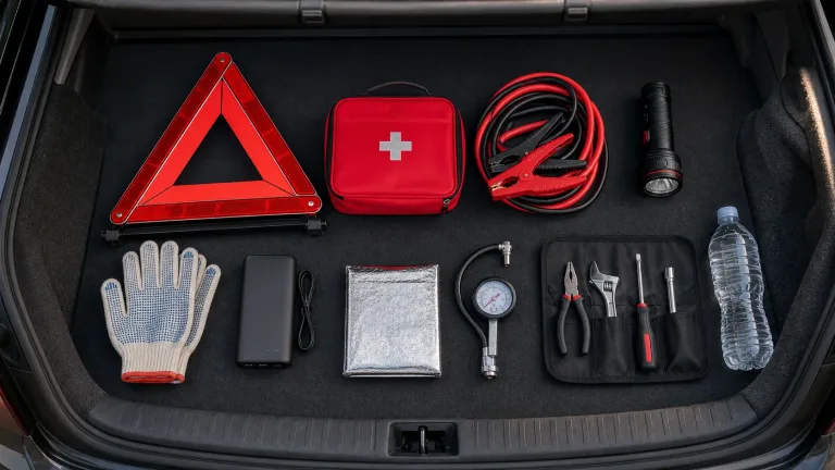 Organized roadside emergency kit with warning triangle, first aid kit, jumper cables and tools in a car trunk