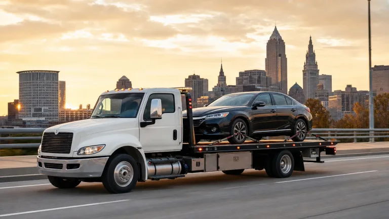 White flatbed tow truck carrying a sedan with the Cleveland skyline at sunset