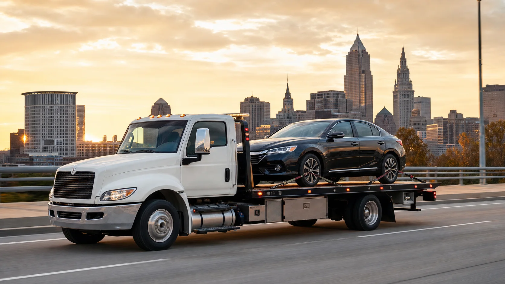 White flatbed tow truck carrying a sedan with the Cleveland skyline at sunset